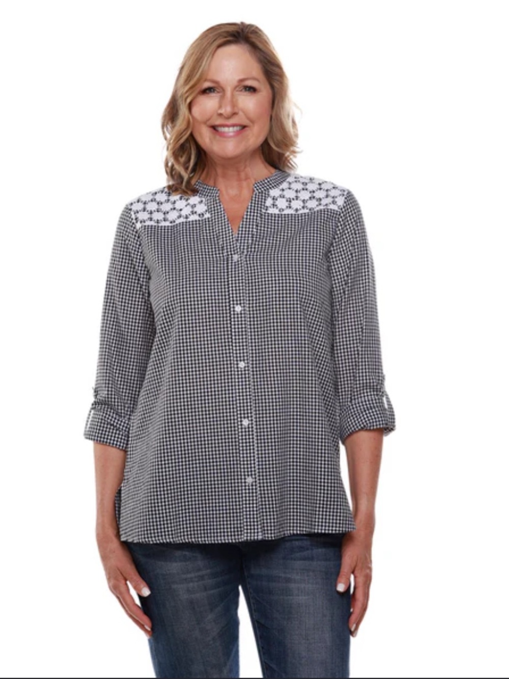 Black & White Gingham Button-Down Shirt with Lace Yoke